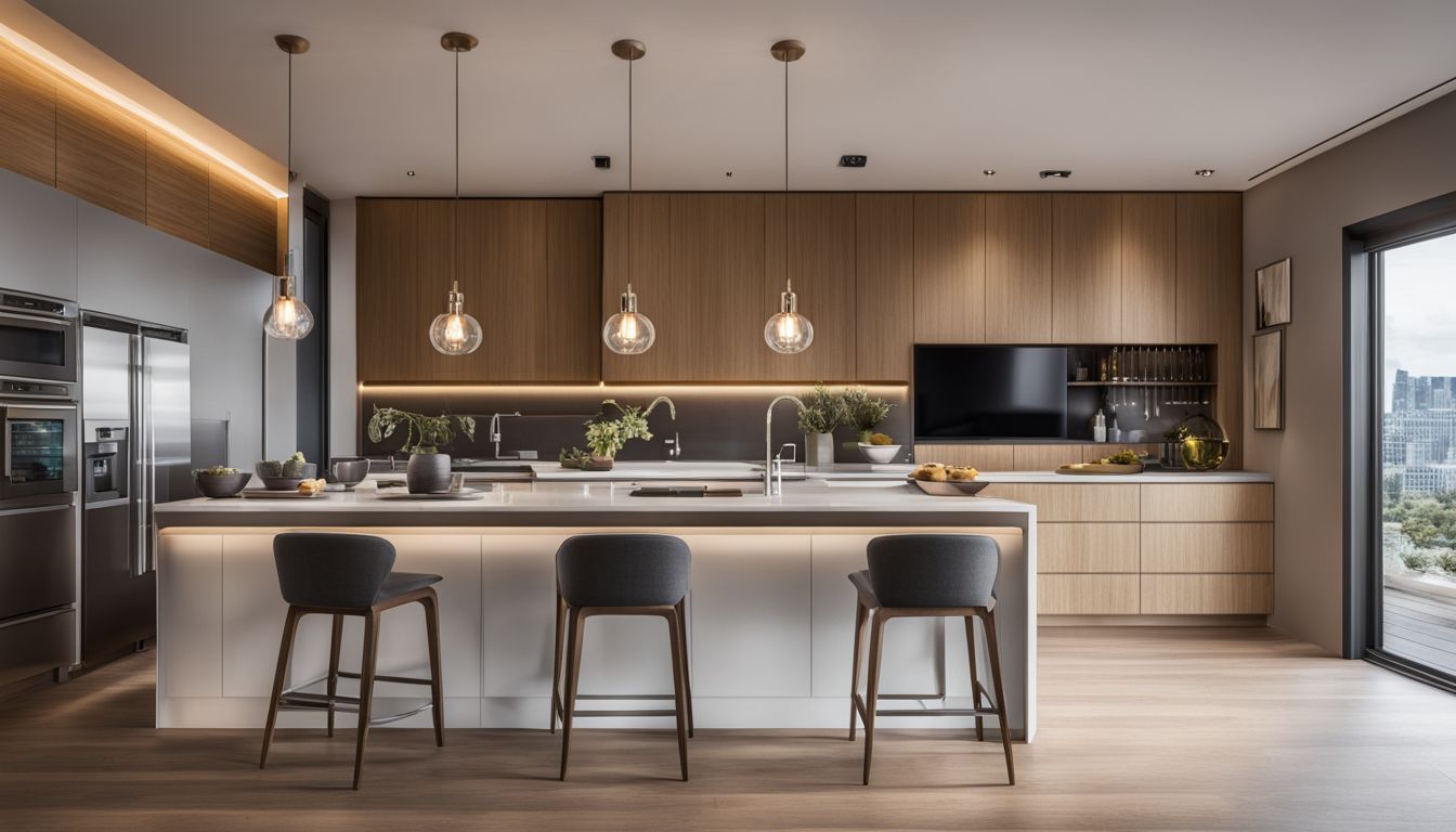 A modern kitchen island with pendant lights and a bustling atmosphere.