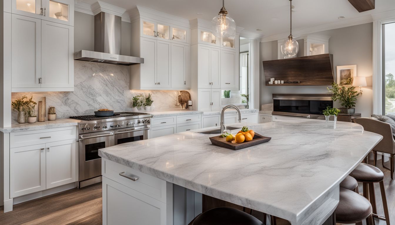 A stylish kitchen with white cabinets and a beautiful marble countertop.