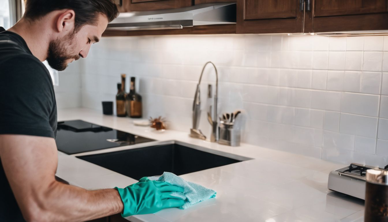 A person cleaning a white tile backsplash with a damp cloth.