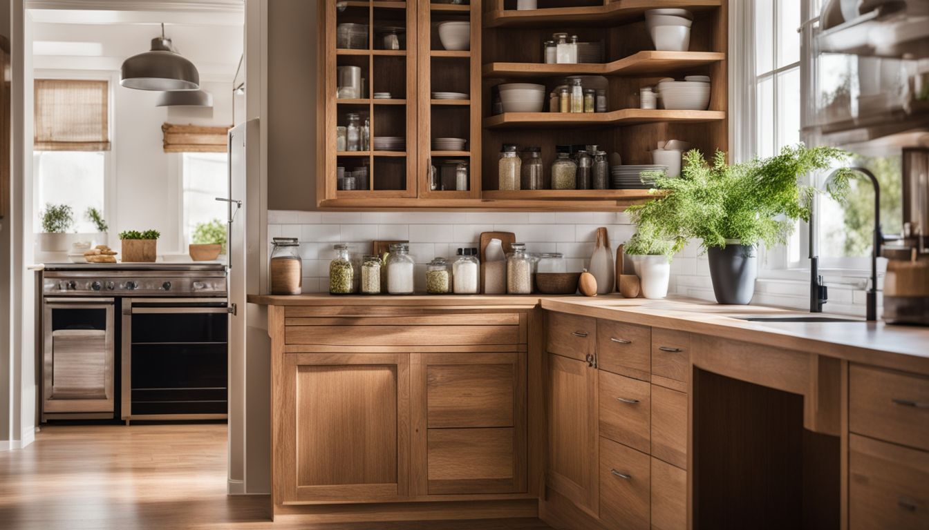 A clean oak cabinet with eco-friendly cleaning supplies in a well-lit kitchen.