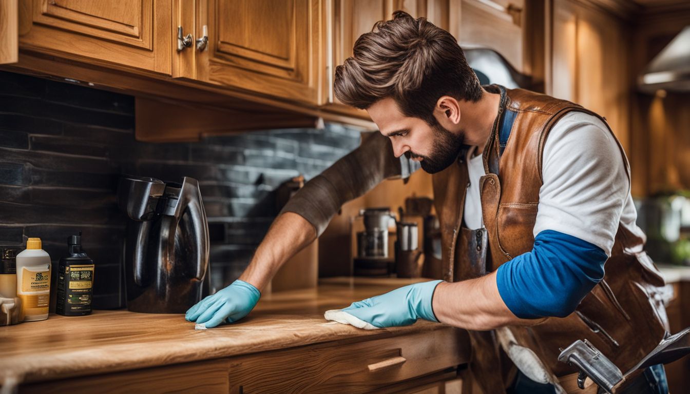 A person is applying degreaser/deglosser onto oak cabinets during a home renovation.