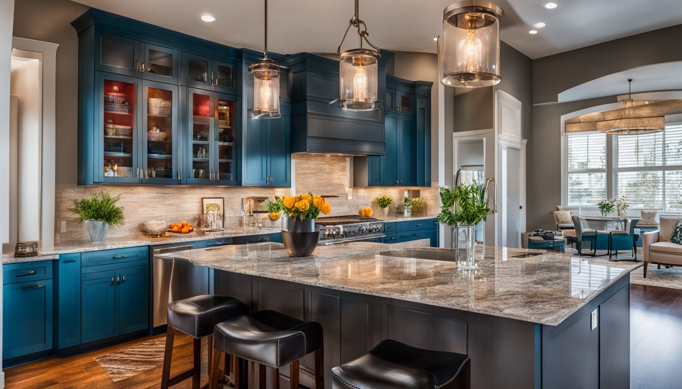 Bold, colorful kitchen with white cabinets and granite countertops.