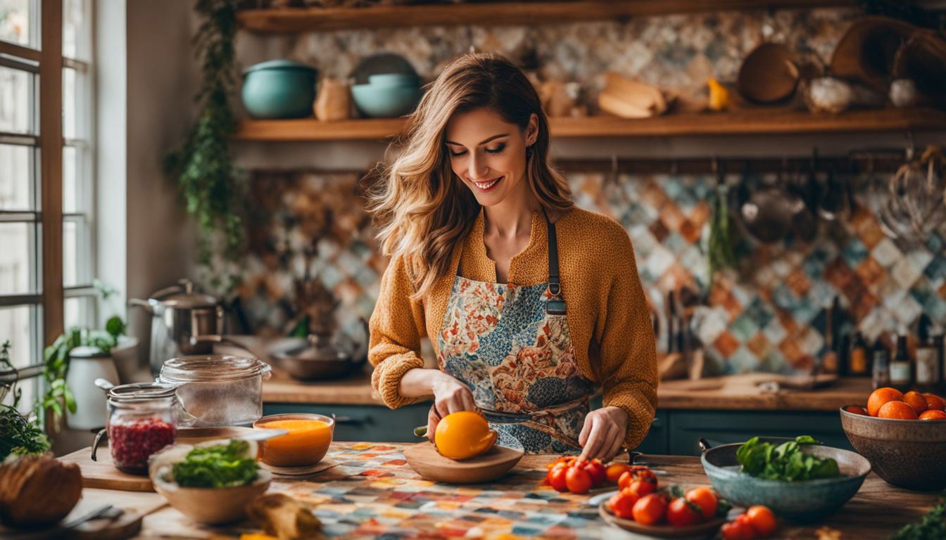 A woman cooking in a kitchen with colorful patterned tiles.