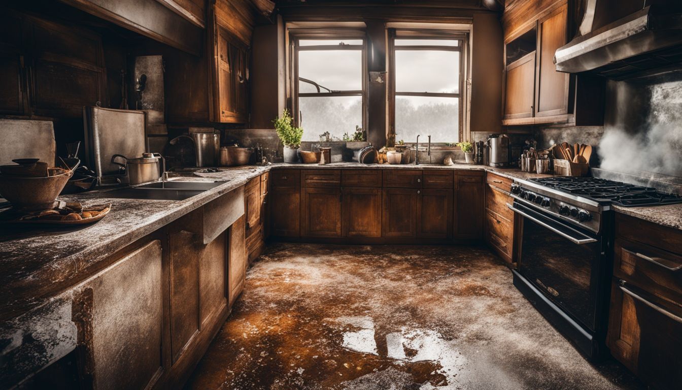 A photo of dirty kitchen cabinets with oil splatters and clutter.