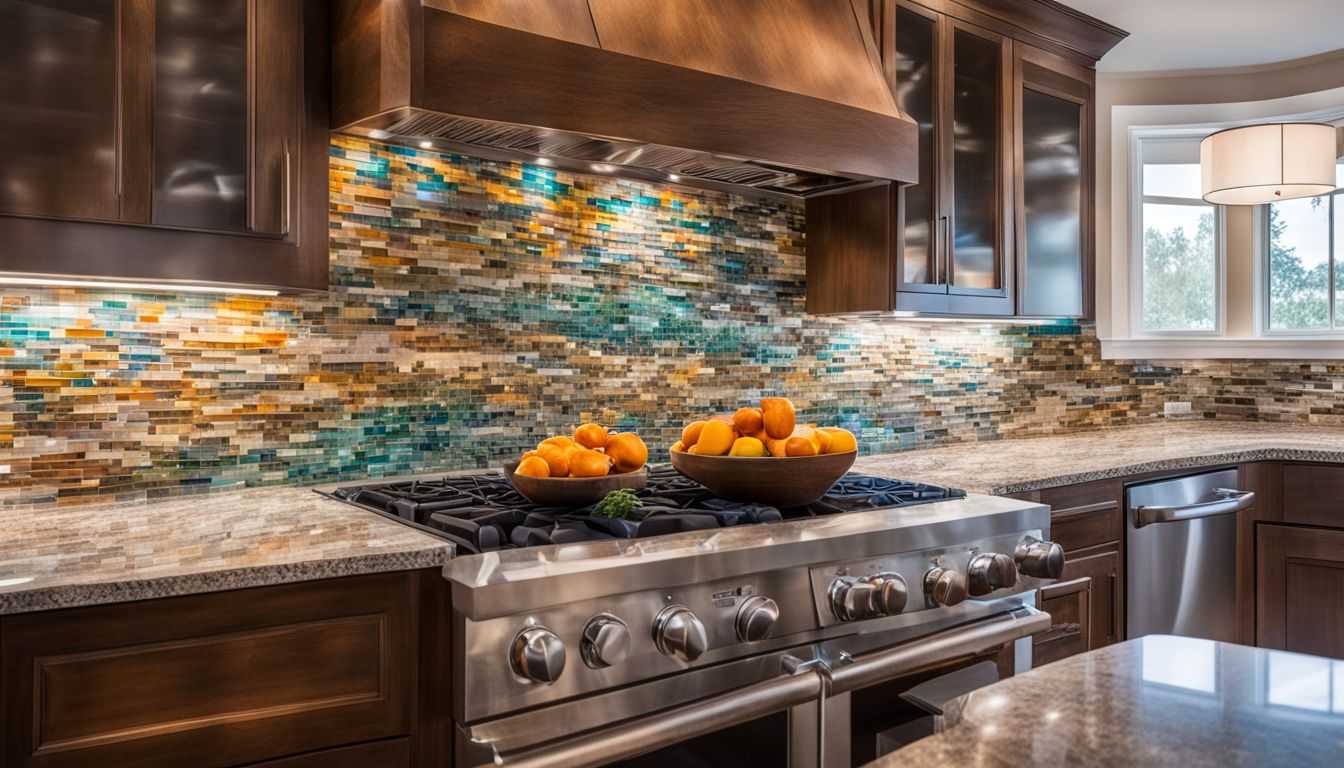 Close-up of a colorful mosaic backsplash with white cabinets and granite countertops.
