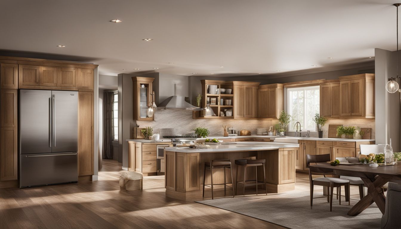 An elegant kitchen with oak cabinets showcasing contemporary design elements.