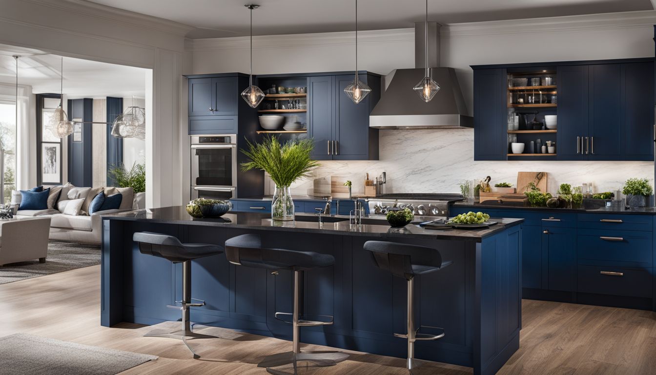 A modern kitchen with navy blue cabinets, black granite countertops, and stainless steel appliances.