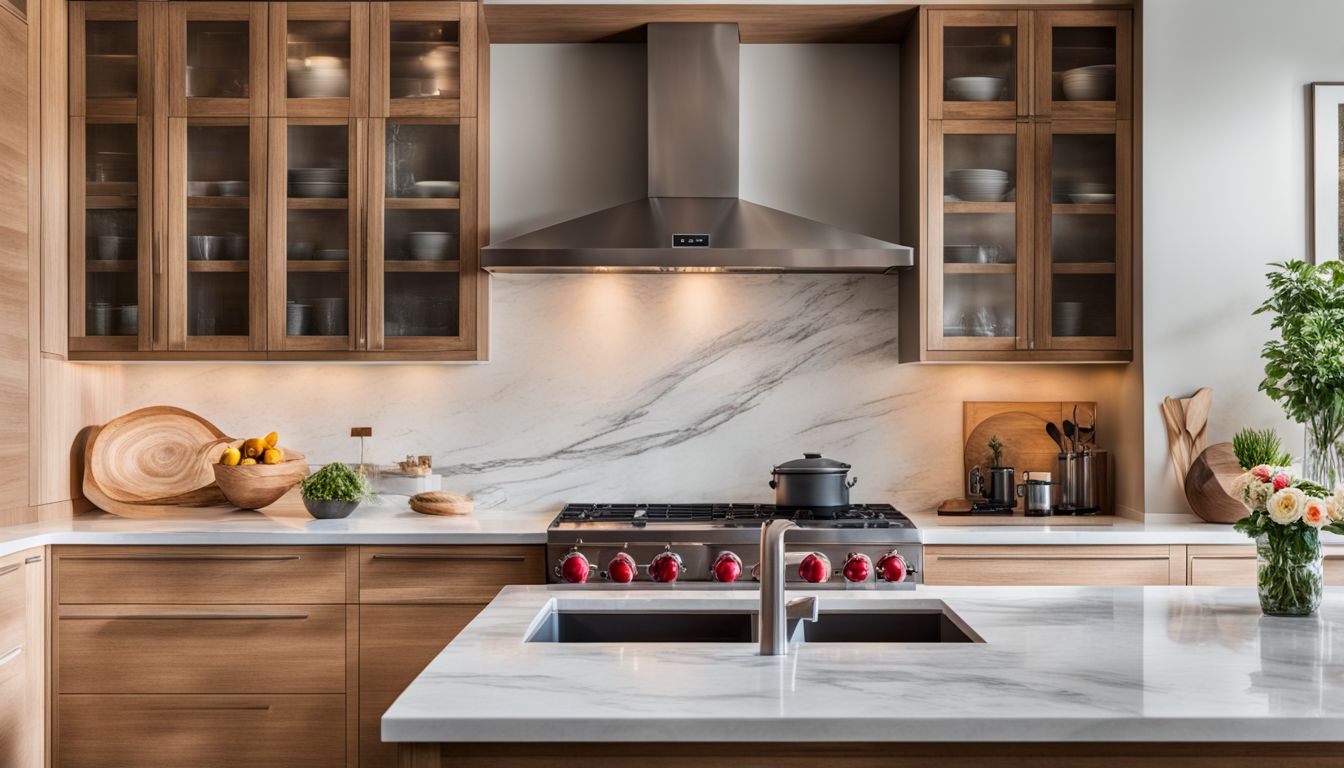 An inviting modern kitchen with sleek oak cabinets and marble backsplash.