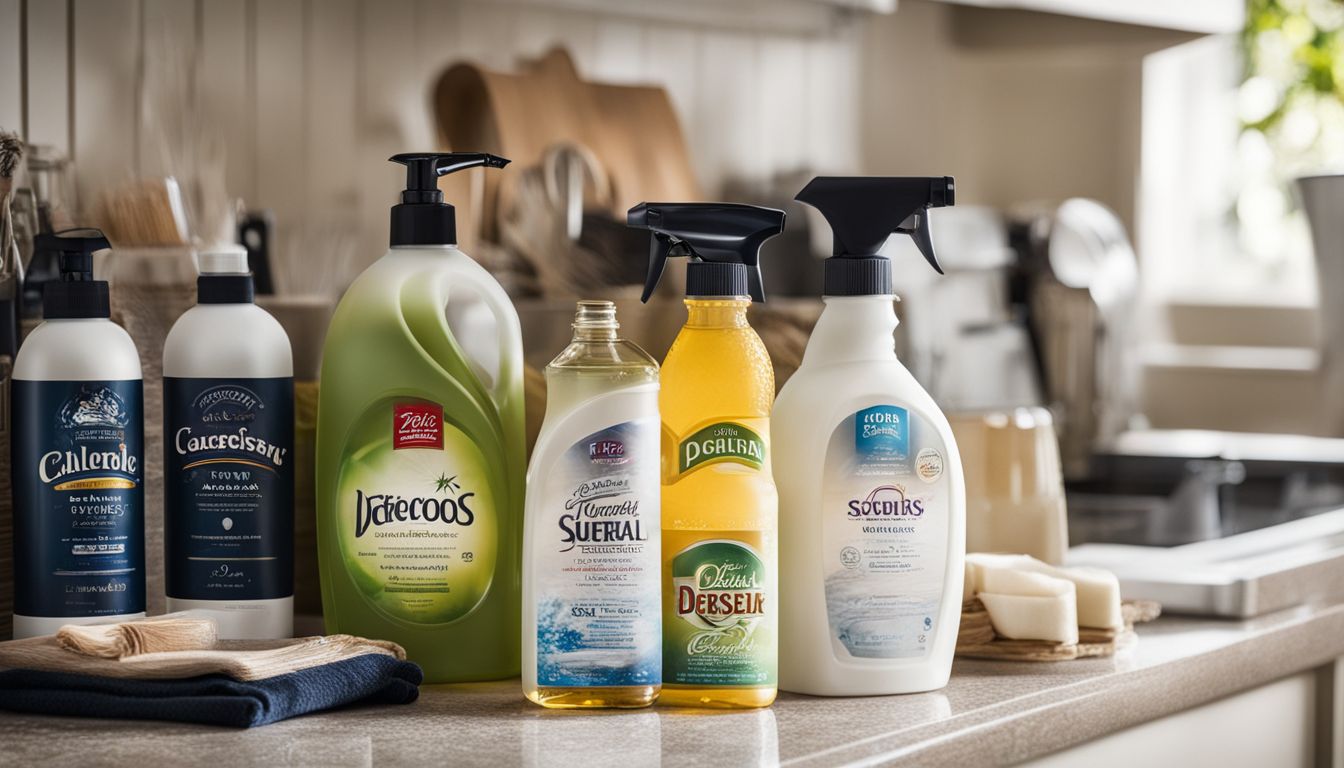 A clean kitchen cabinet with the best degreaser and cleaning supplies.