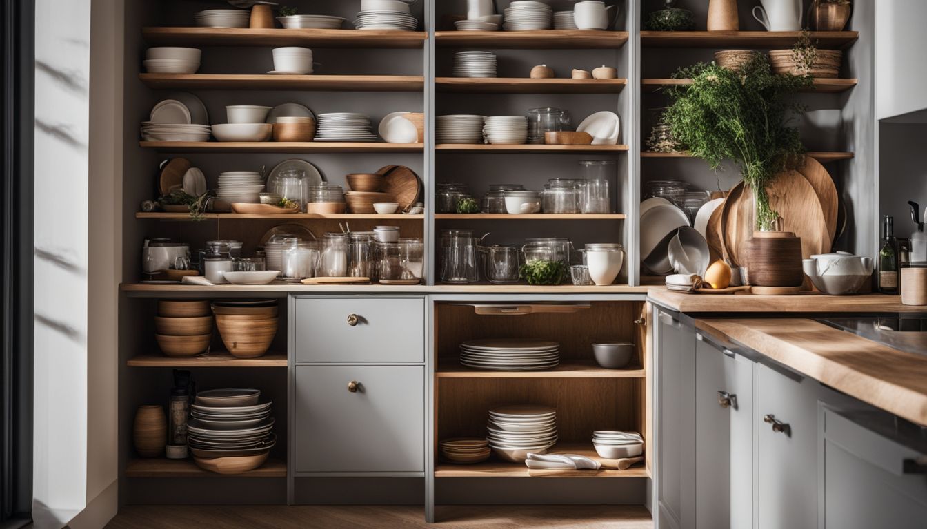 An organized kitchen cabinet displaying various styles of dishes and utensils.