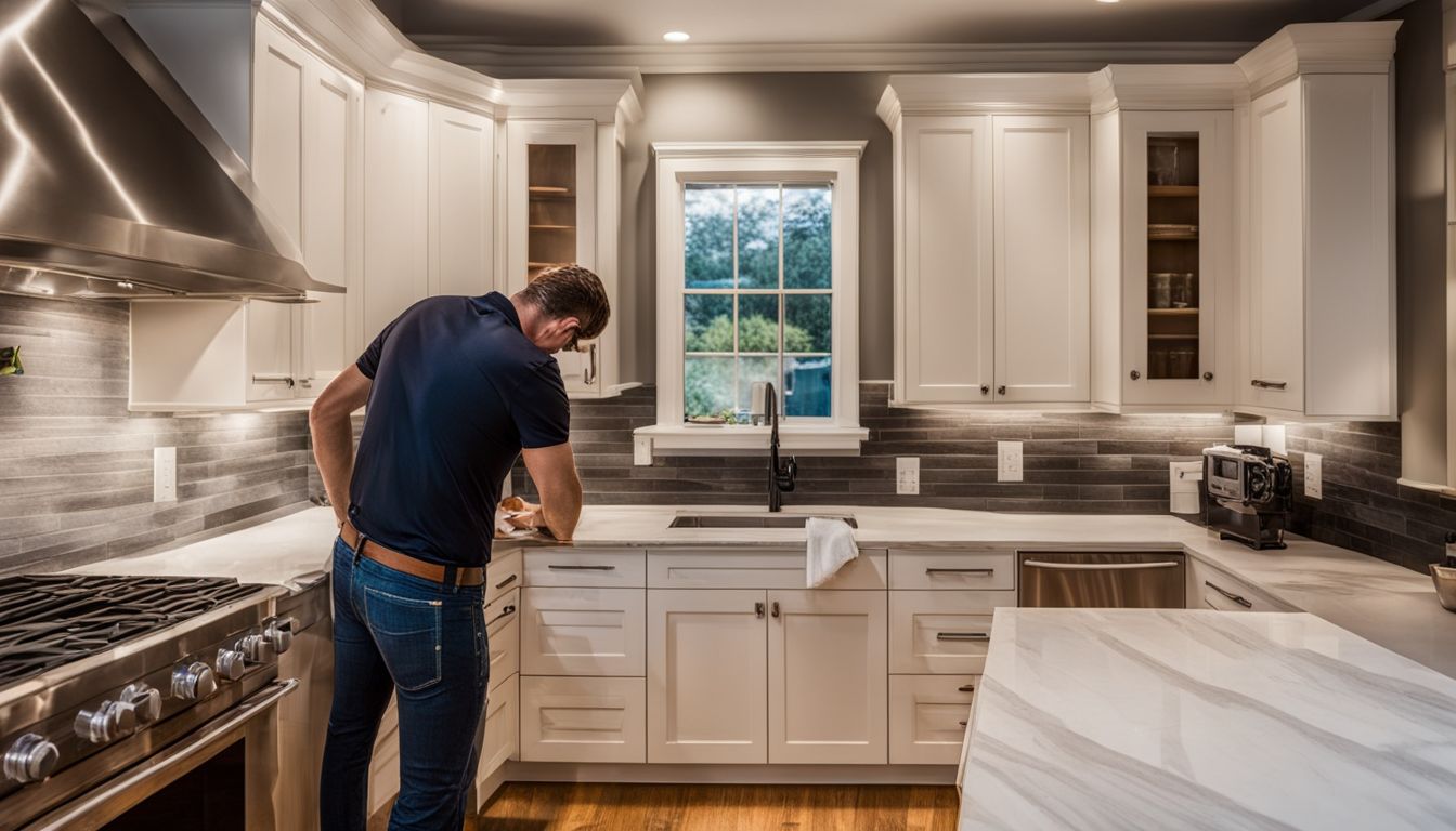 A professional contractor examines mismatched colors and styles on refaced kitchen cabinets.