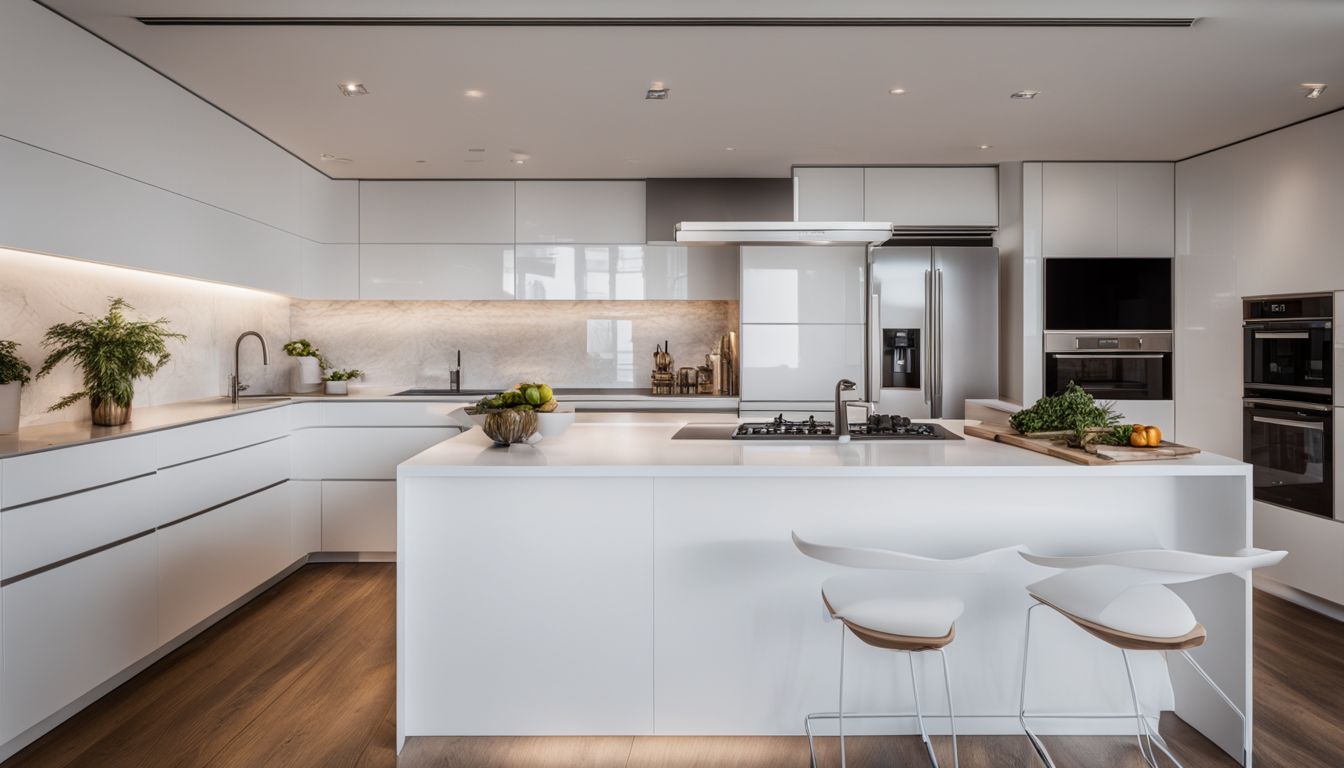A modern kitchen with a sleek white sink and cabinet.