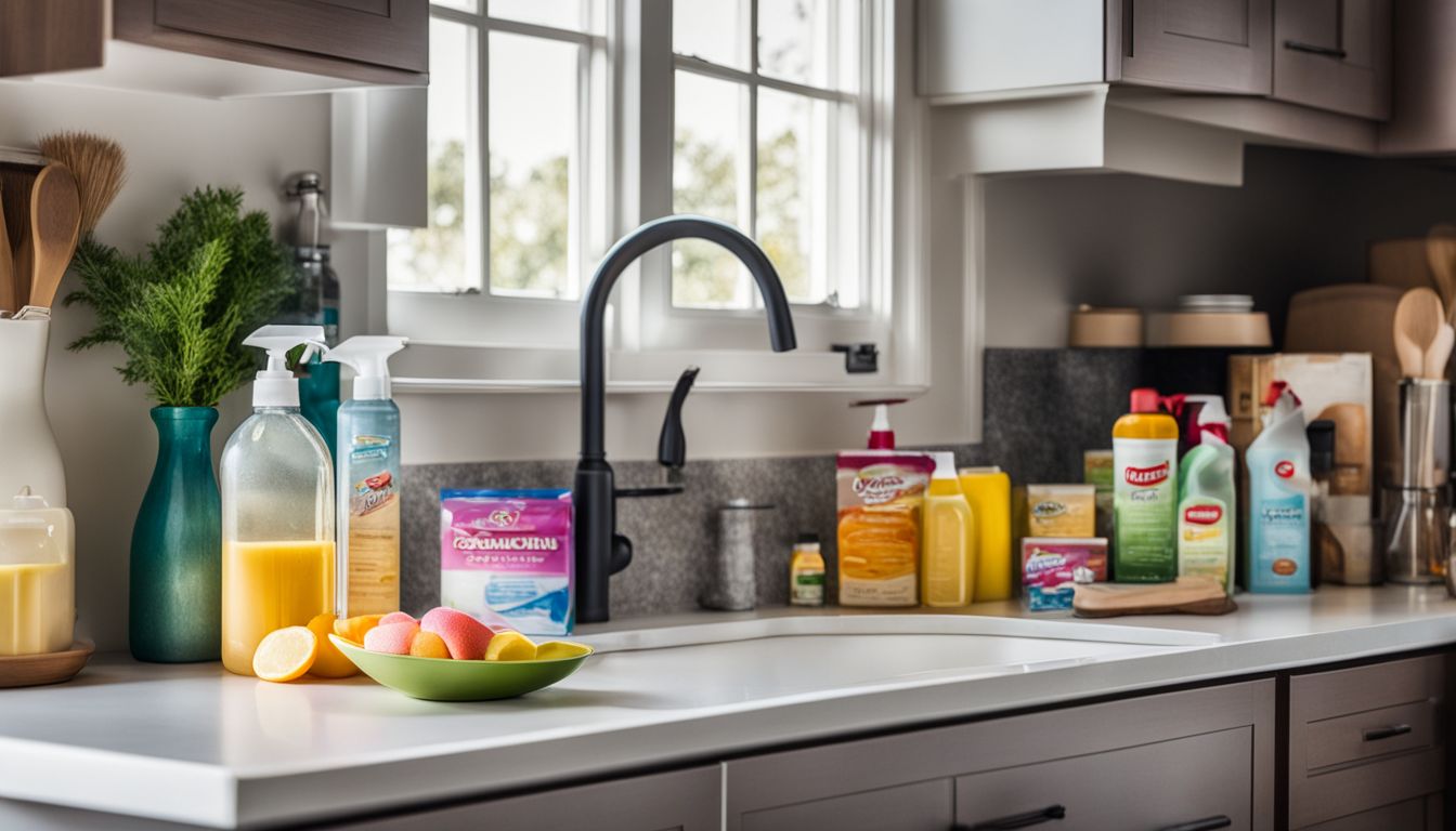 A clean, organized kitchen with colorful cleaning products on display.