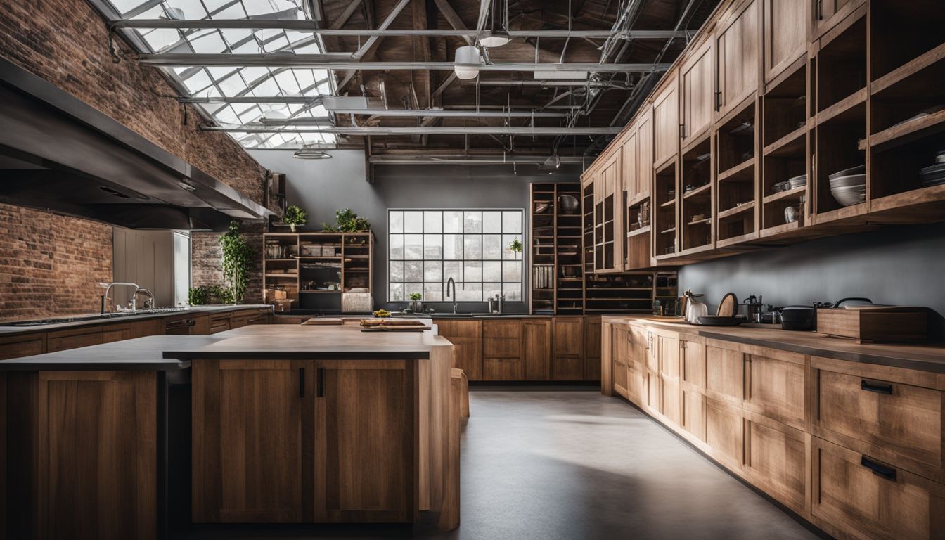 Budget-friendly kitchen cabinets stacked neatly in a warehouse for sale.
