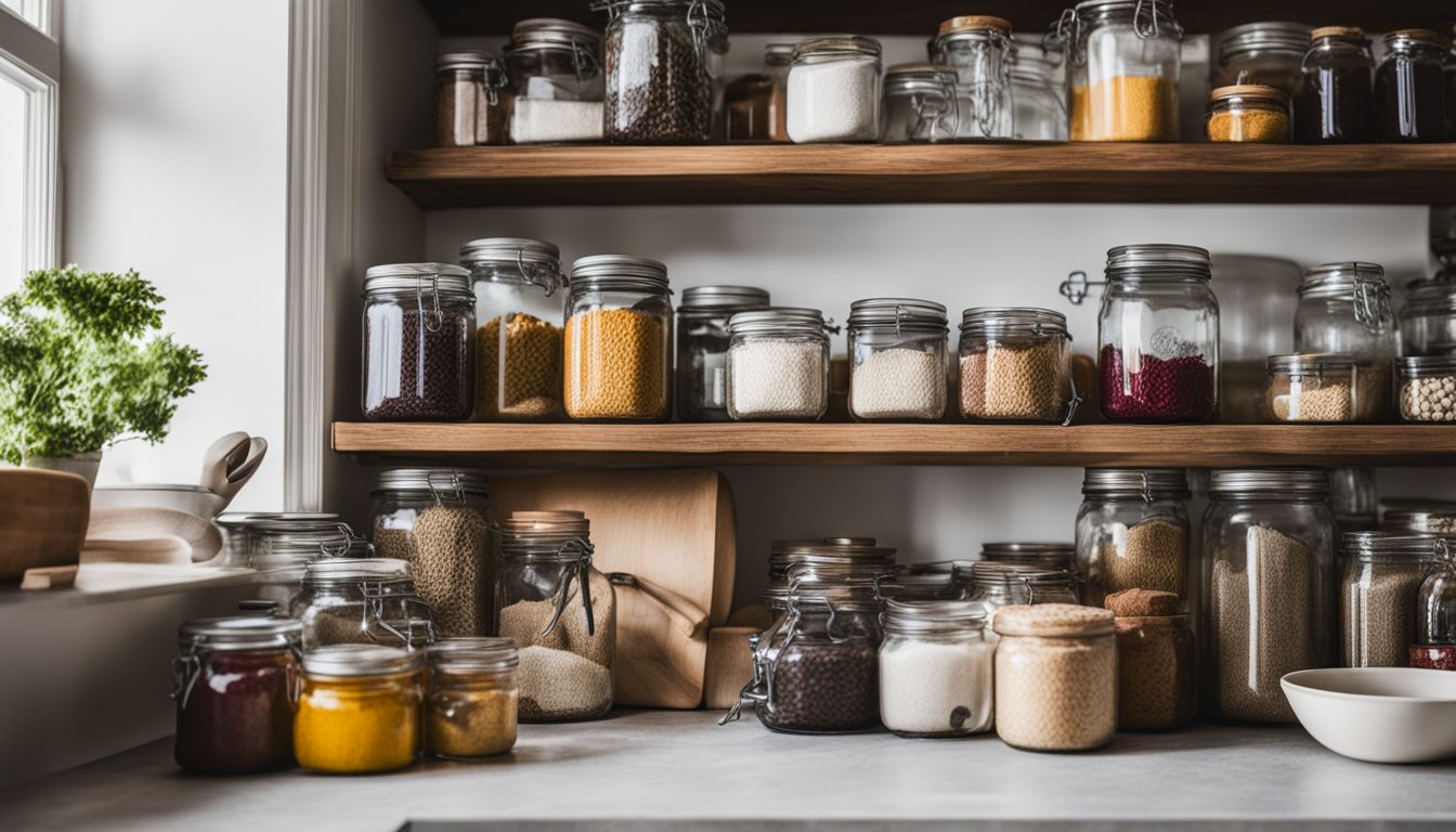 An organized kitchen cabinet with neatly arranged items.