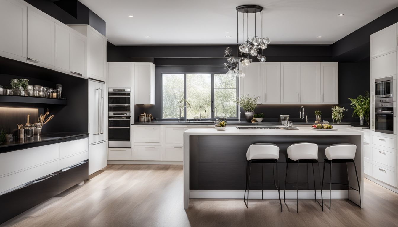 An elegant kitchen with white cabinets, black countertops, and modern design.