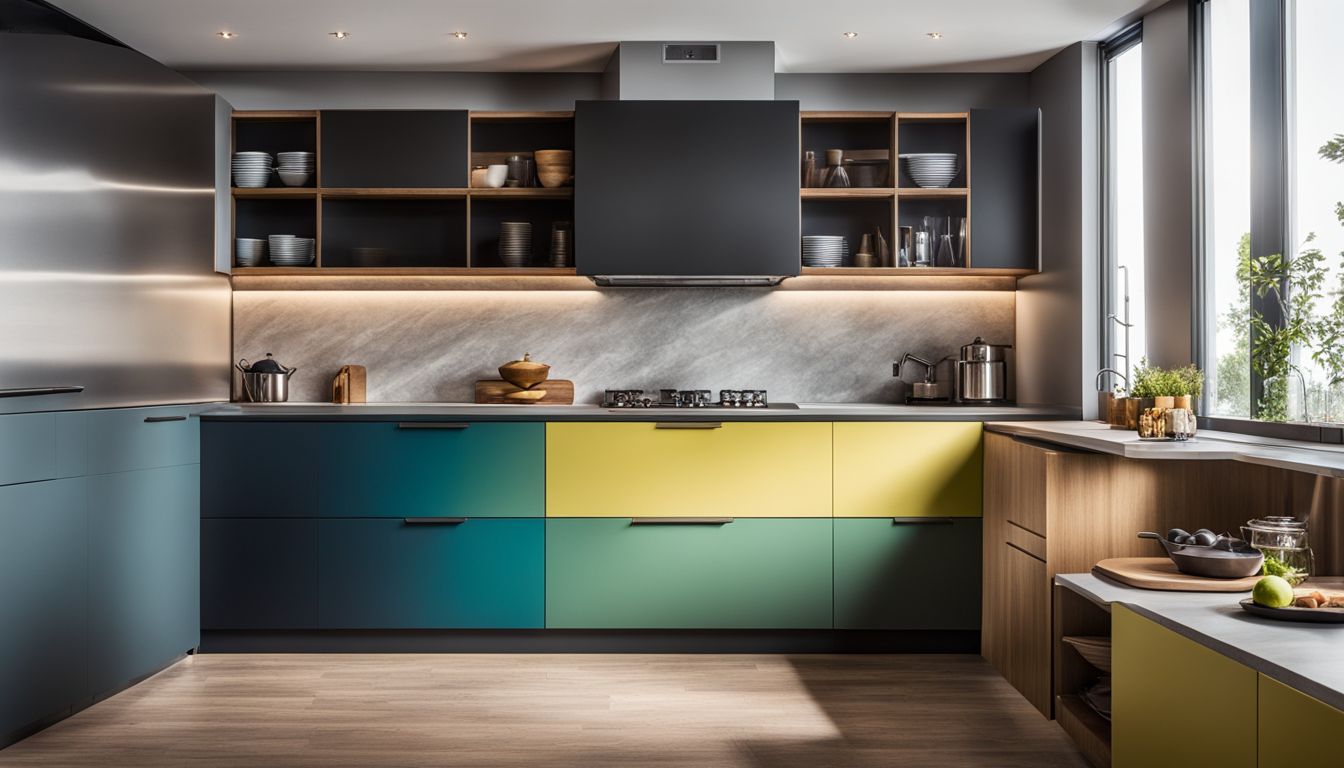A photo of colorful kitchen cabinets in a modern kitchen.