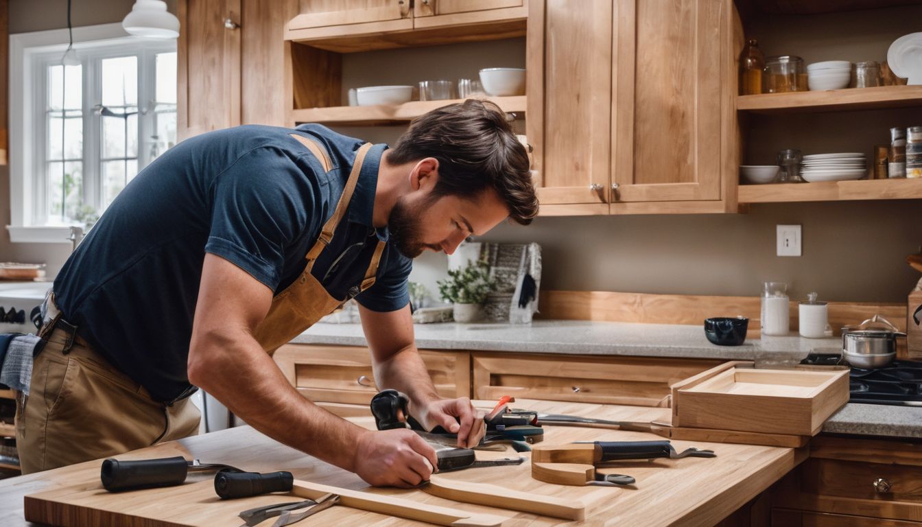 A person assembling kitchen cabinets with various tools and materials.