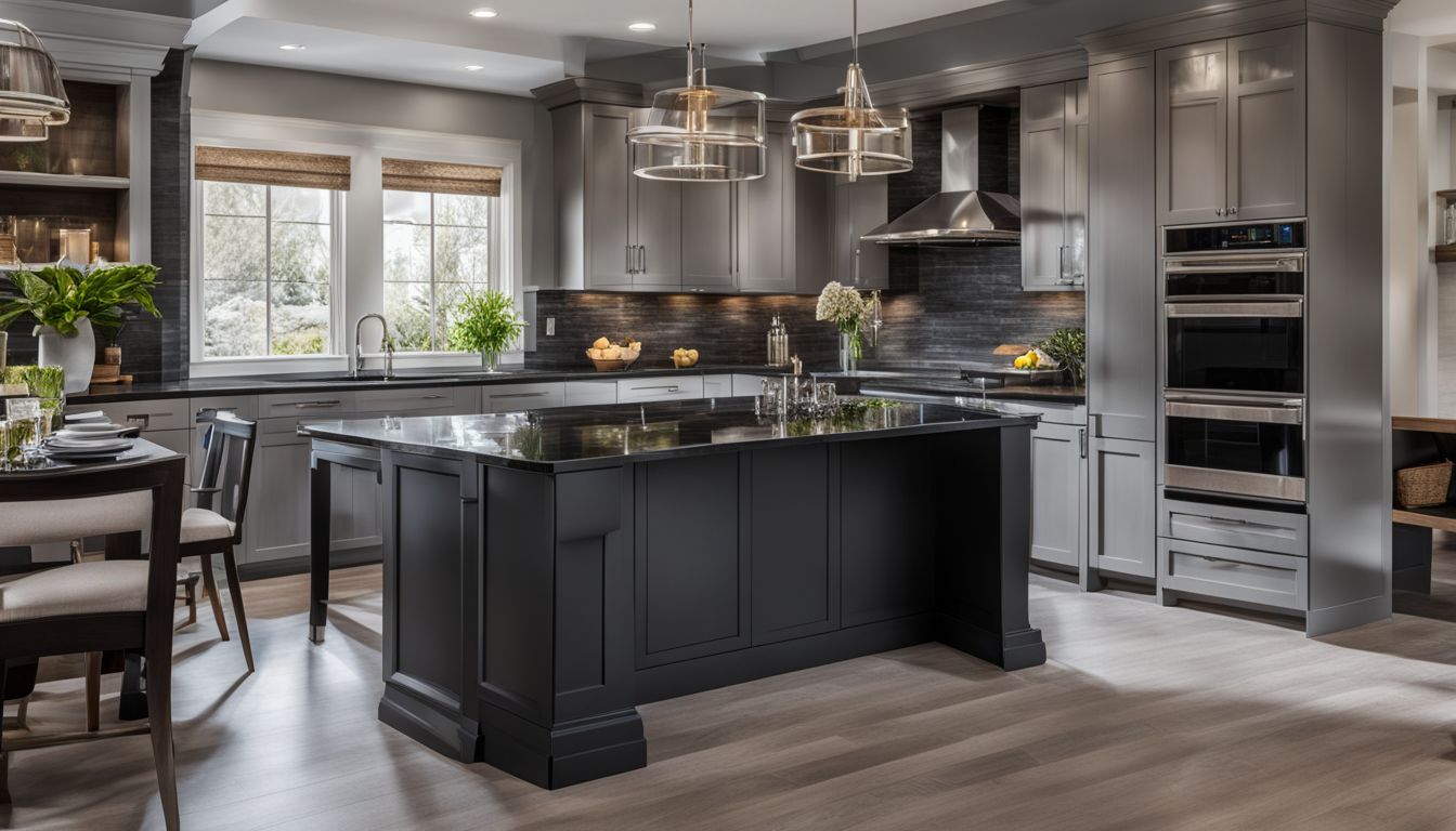 A modern kitchen with black granite countertops, sleek grey cabinets, and stainless steel appliances.