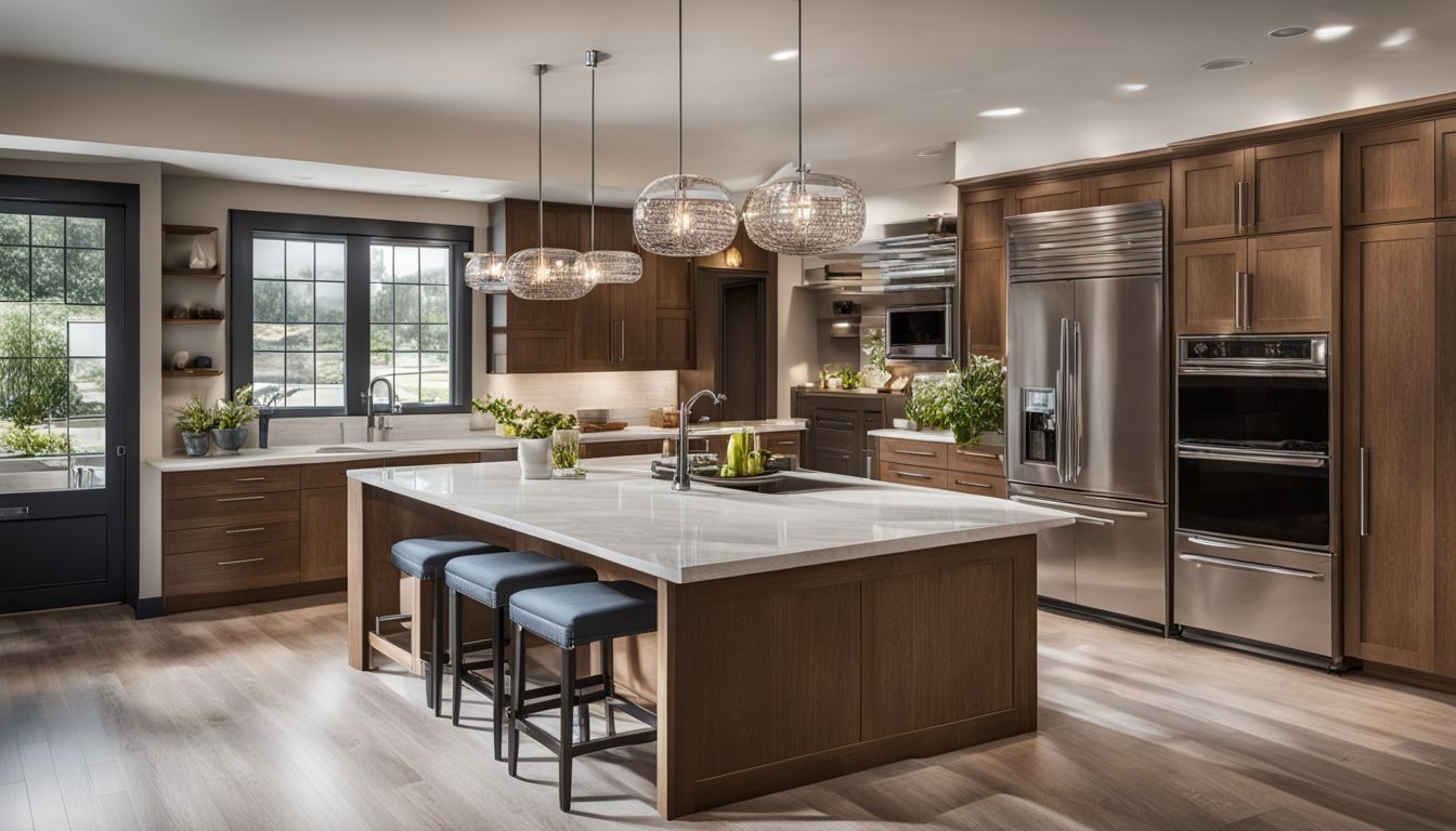 A modern kitchen with oak cabinets, silver knobs, and chrome fixtures.