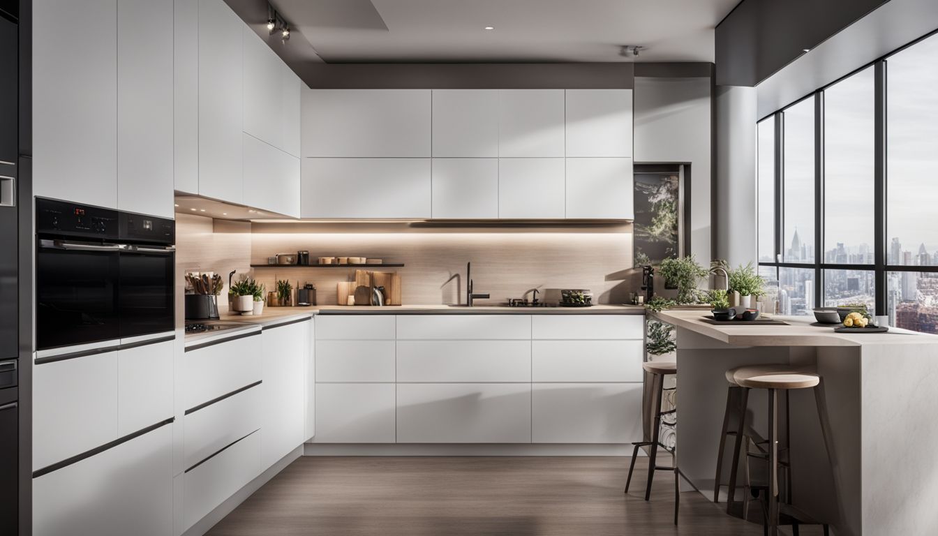 A modern kitchen with white cabinets and black hardware.