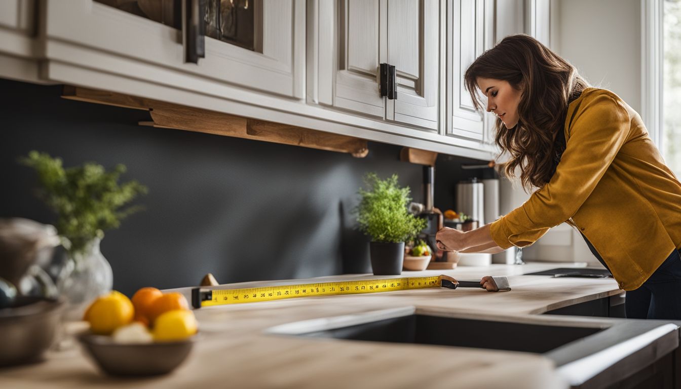 A homeowner measures kitchen cabinet dimensions with a tape measure.