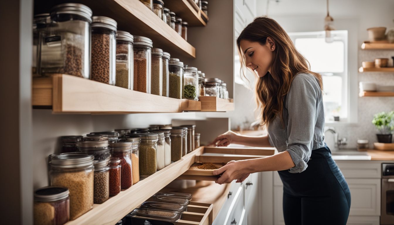 A woman arranges her small kitchen with custom pull-out spice racks and dividers.