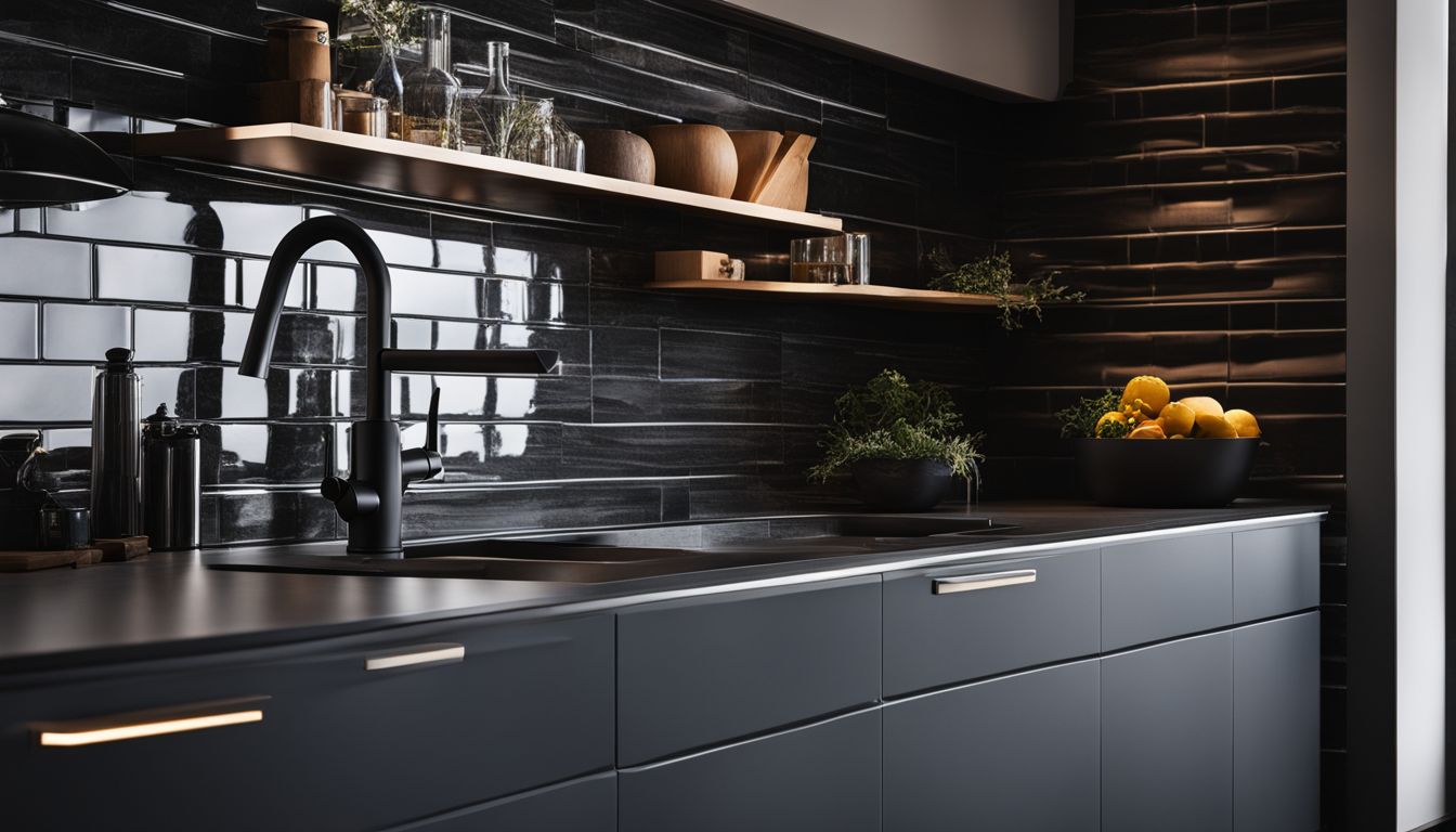 A close-up shot of a modern kitchen with a stylish tile backsplash.