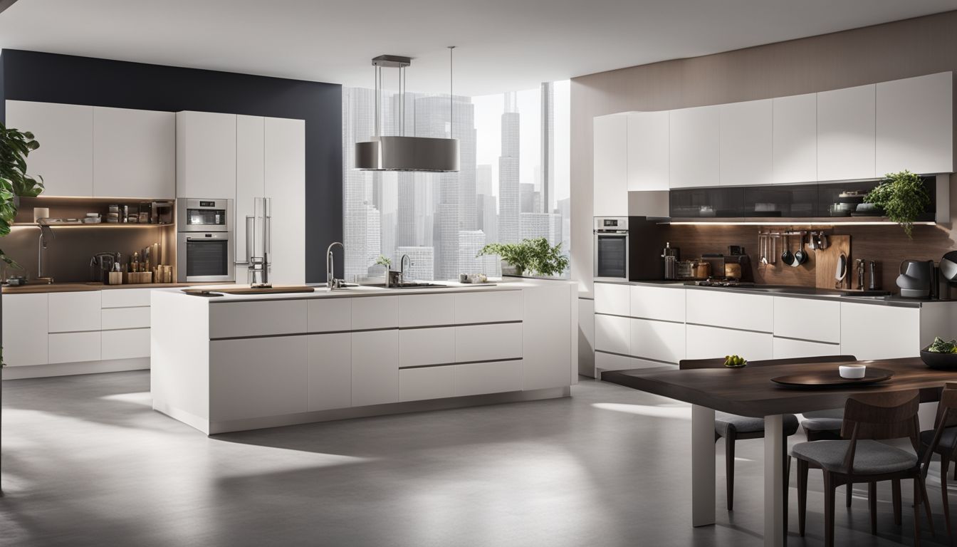 A modern kitchen with sleek white cabinets, showcasing a minimalistic design.