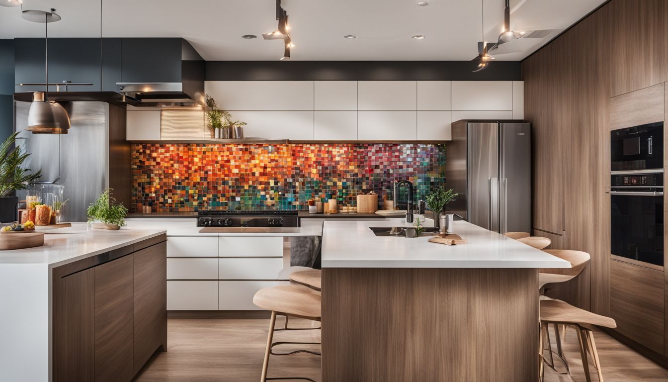 A modern kitchen with a colorful mosaic tile backsplash.