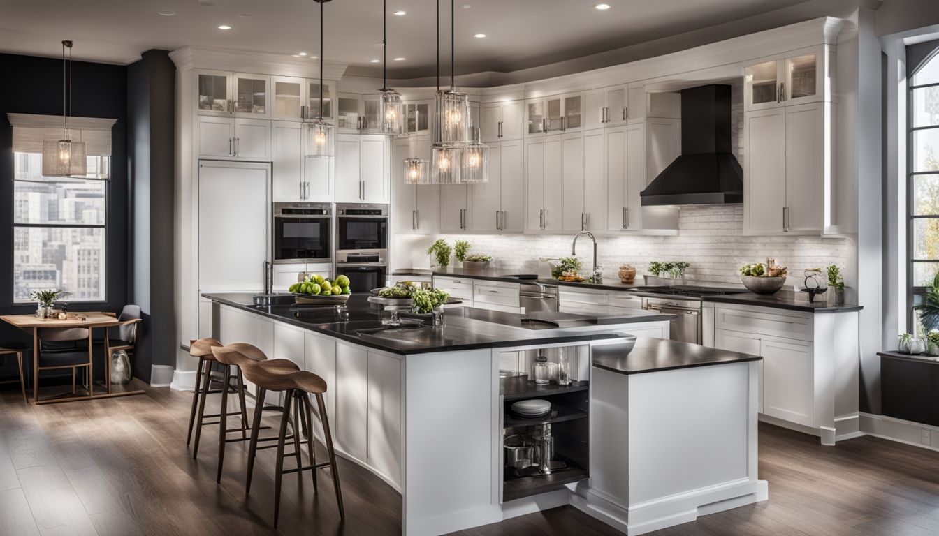 A modern kitchen with white cabinets, black countertops and a bustling atmosphere.
