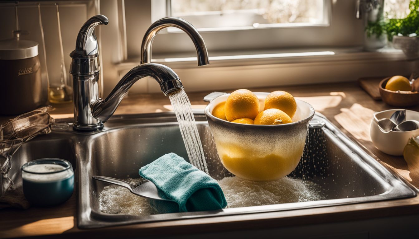 A clean kitchen sink with dishes being washed in bustling atmosphere.