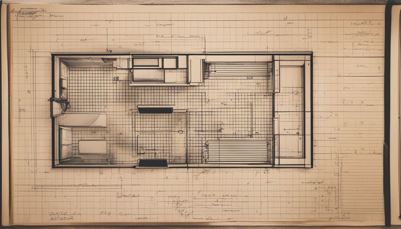 A top-down view of a kitchen floor plan with measurements and grid paper.