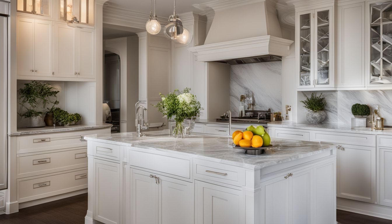 An elegant kitchen with a marble countertop and classic white cabinetry.