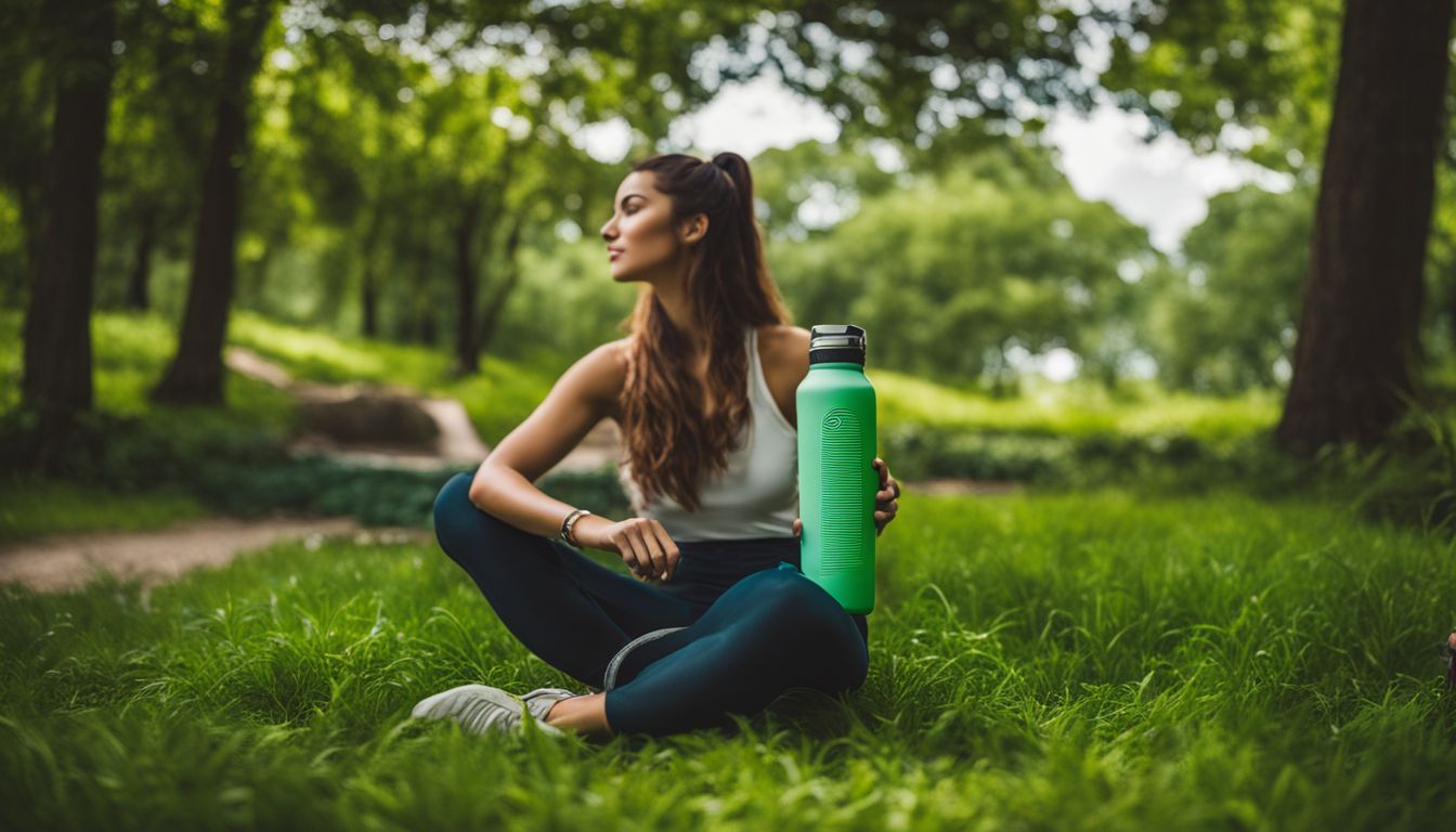 A person holds a reusable water bottle in a lush green park.