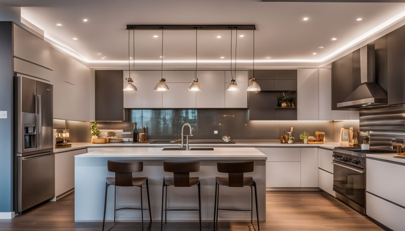 A modern kitchen with various lighting elements and a lively atmosphere.
