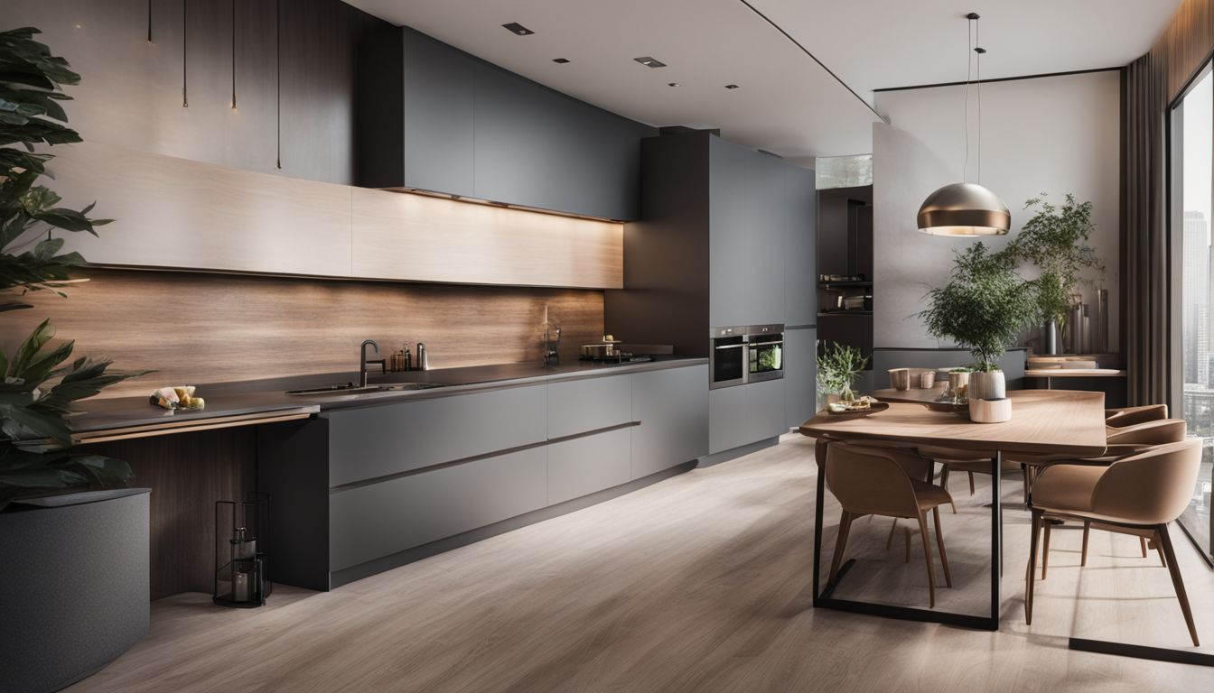 A spacious kitchen with a sleek cabinet and sink in a modern design.