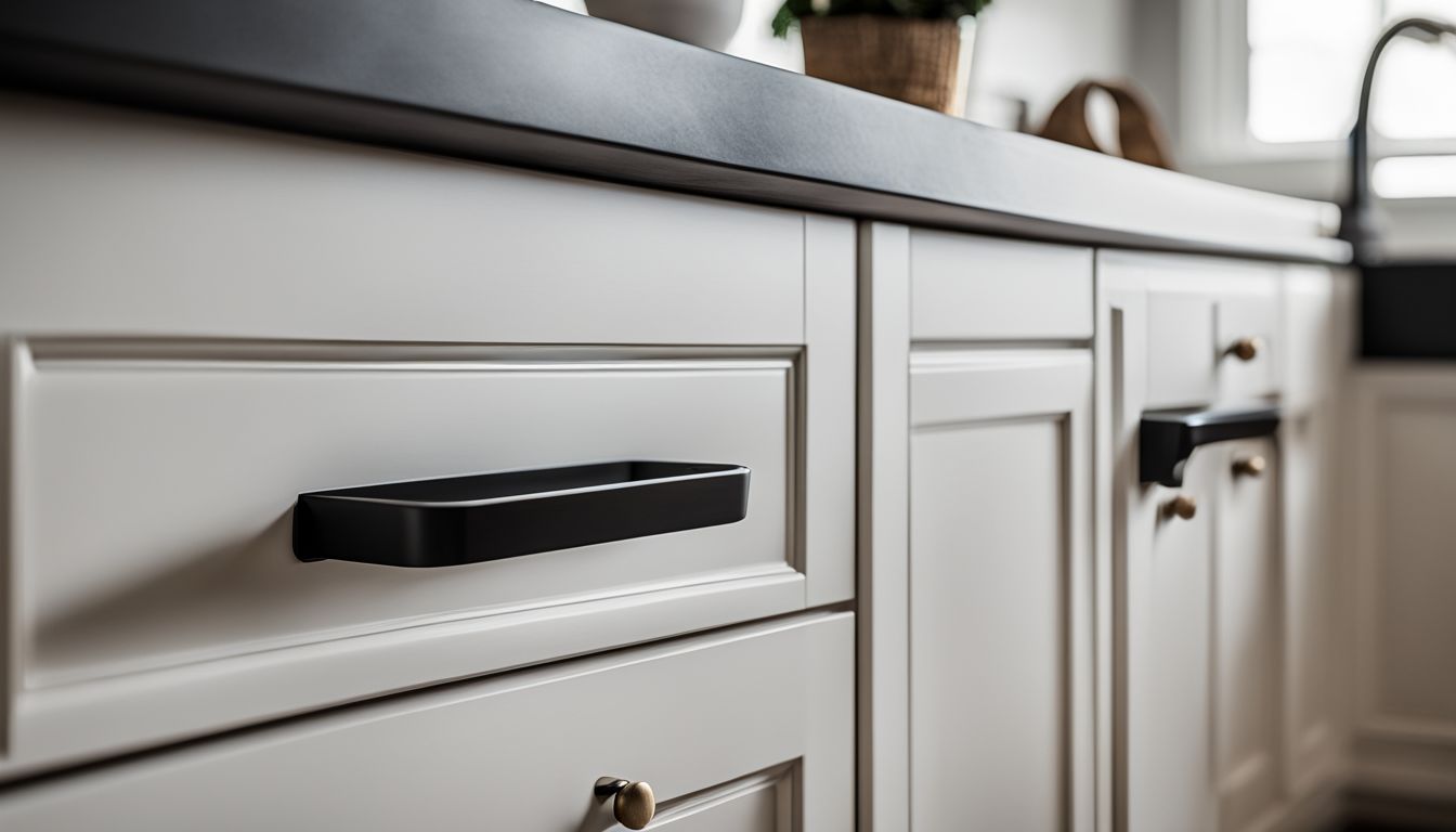 A close-up of black farmhouse style cabinet handles on white cabinets.