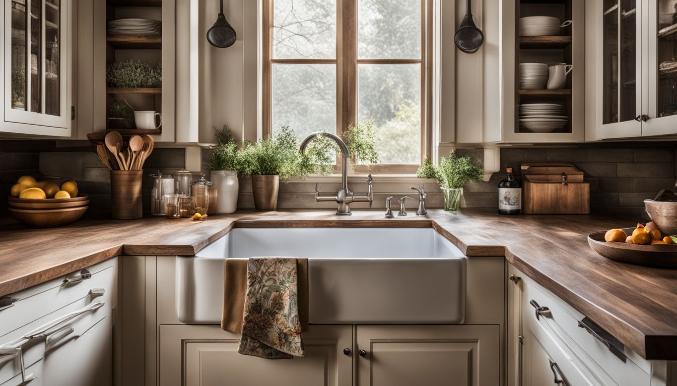 A farmhouse-style kitchen with rustic decor and a farmhouse sink.