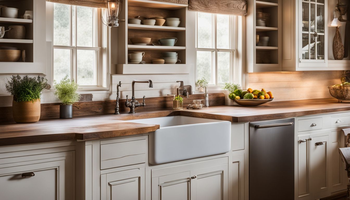A rustic farmhouse kitchen with a fireclay sink showcases durability and beauty.
