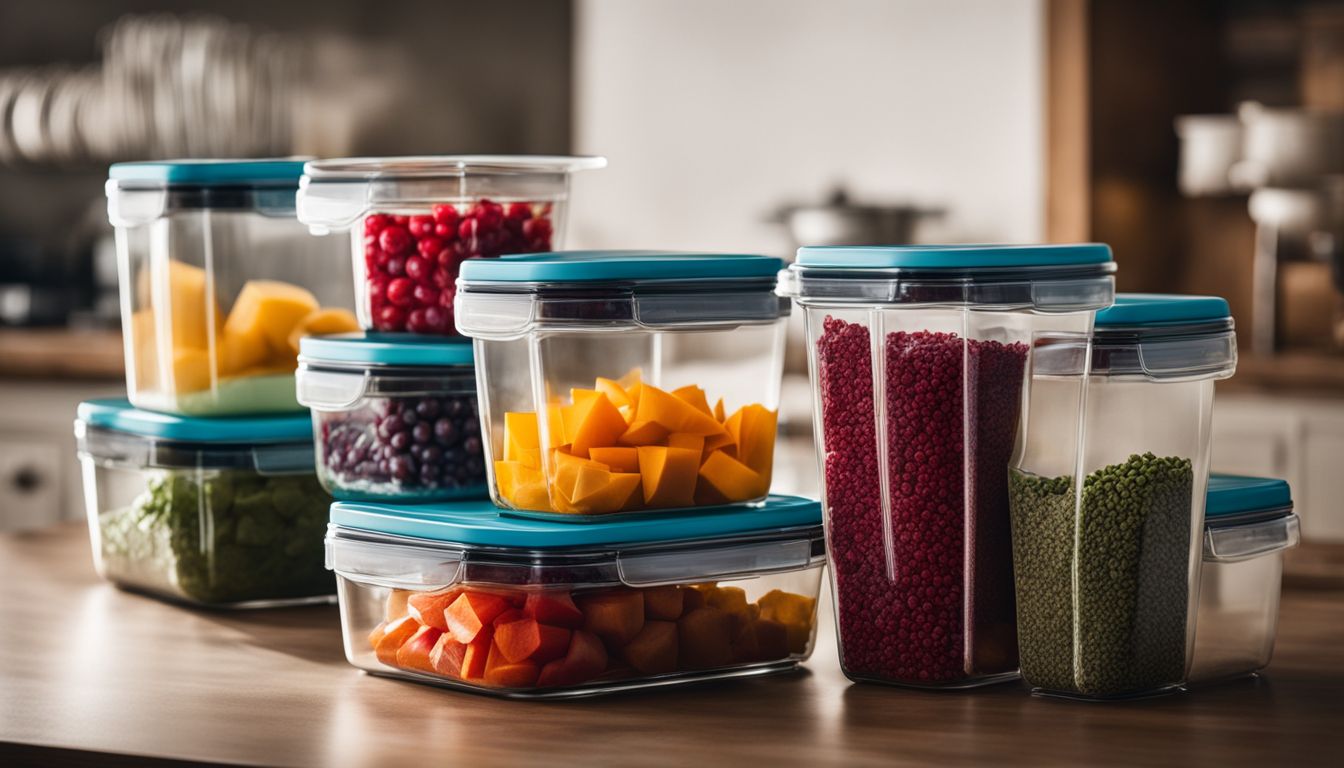 A photo of stylish storage containers with colorful ingredients in a bustling atmosphere.