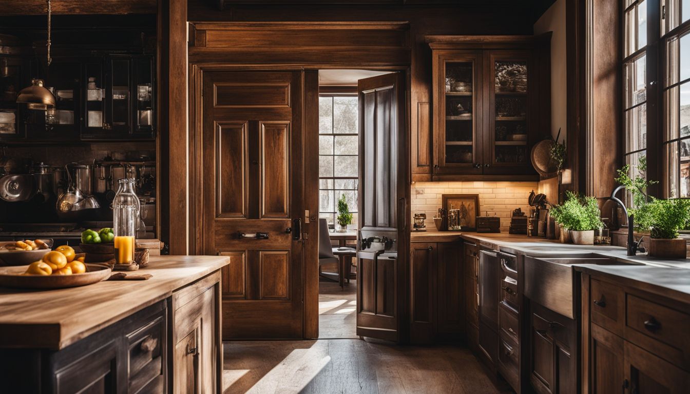 A close-up shot of a beautifully framed door in a rustic kitchen setting.