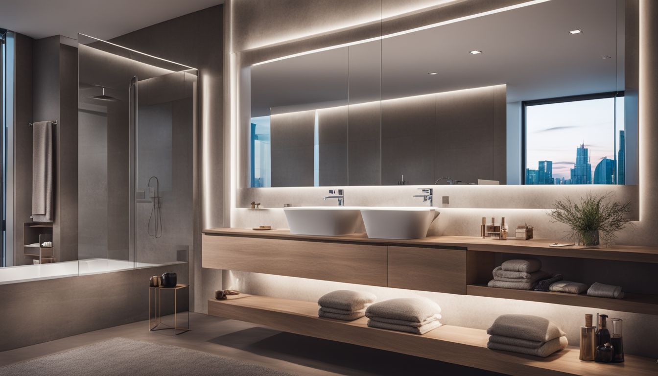 A modern bathroom with a sleek sink and bustling atmosphere.