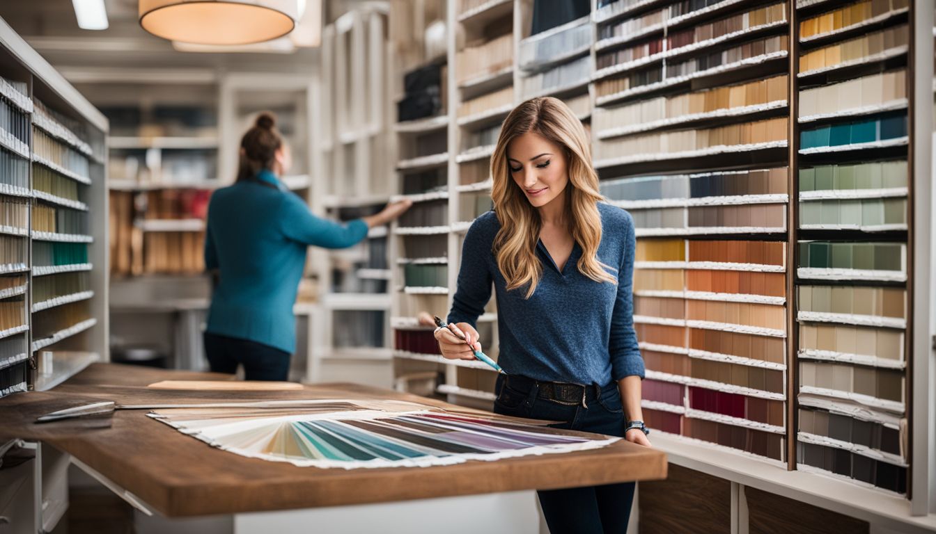 A woman examines cabinet paint samples in a bustling atmosphere.