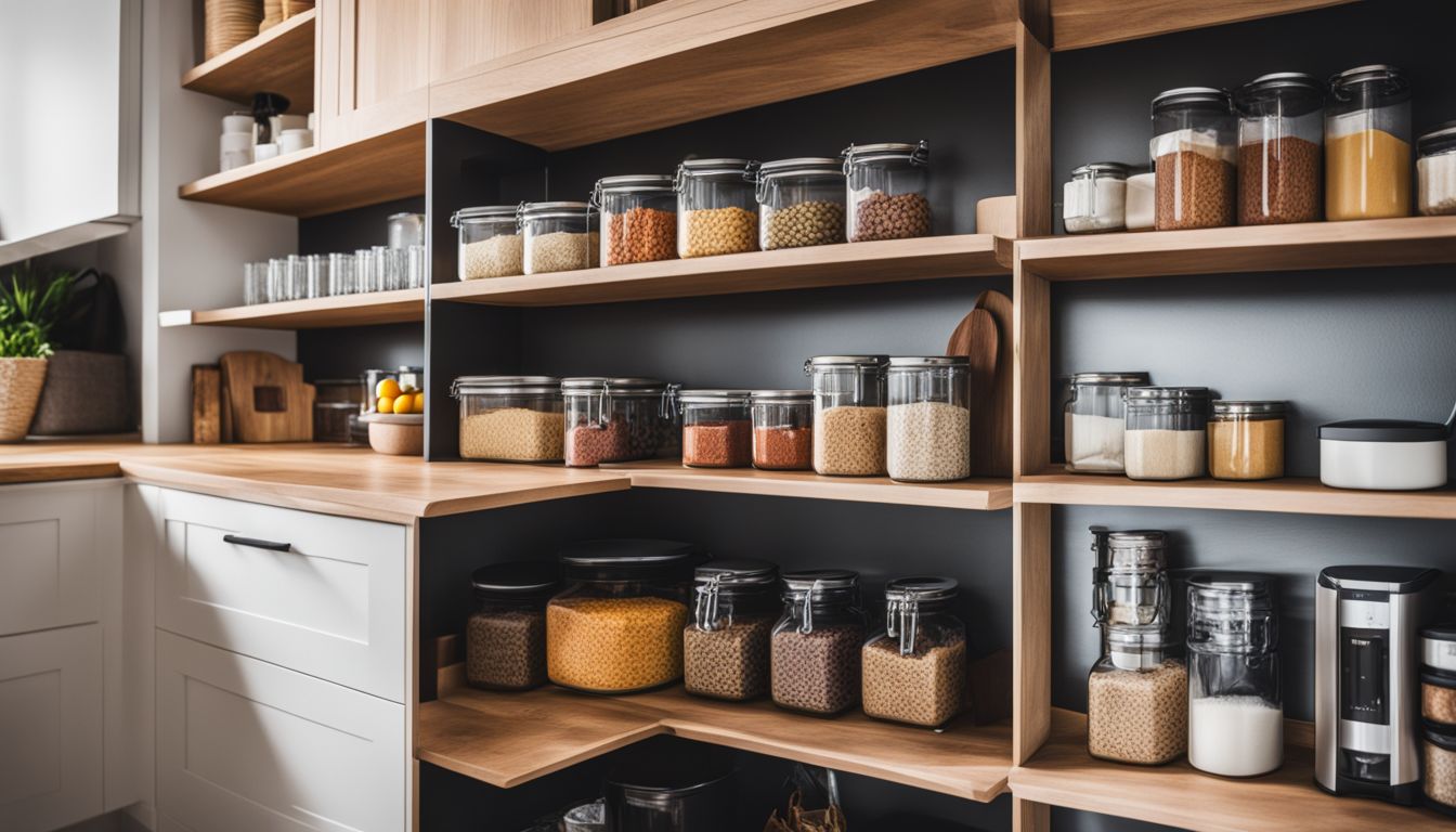 A well-organized modern kitchen pantry with labeled containers and shelves.