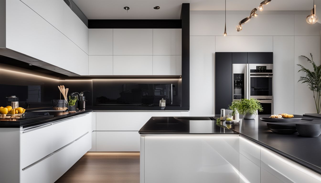 A modern galley kitchen with white cabinets and black countertops.