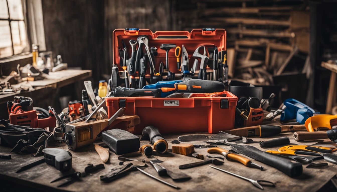 A toolbox surrounded by a messy construction site with various tools and supplies.