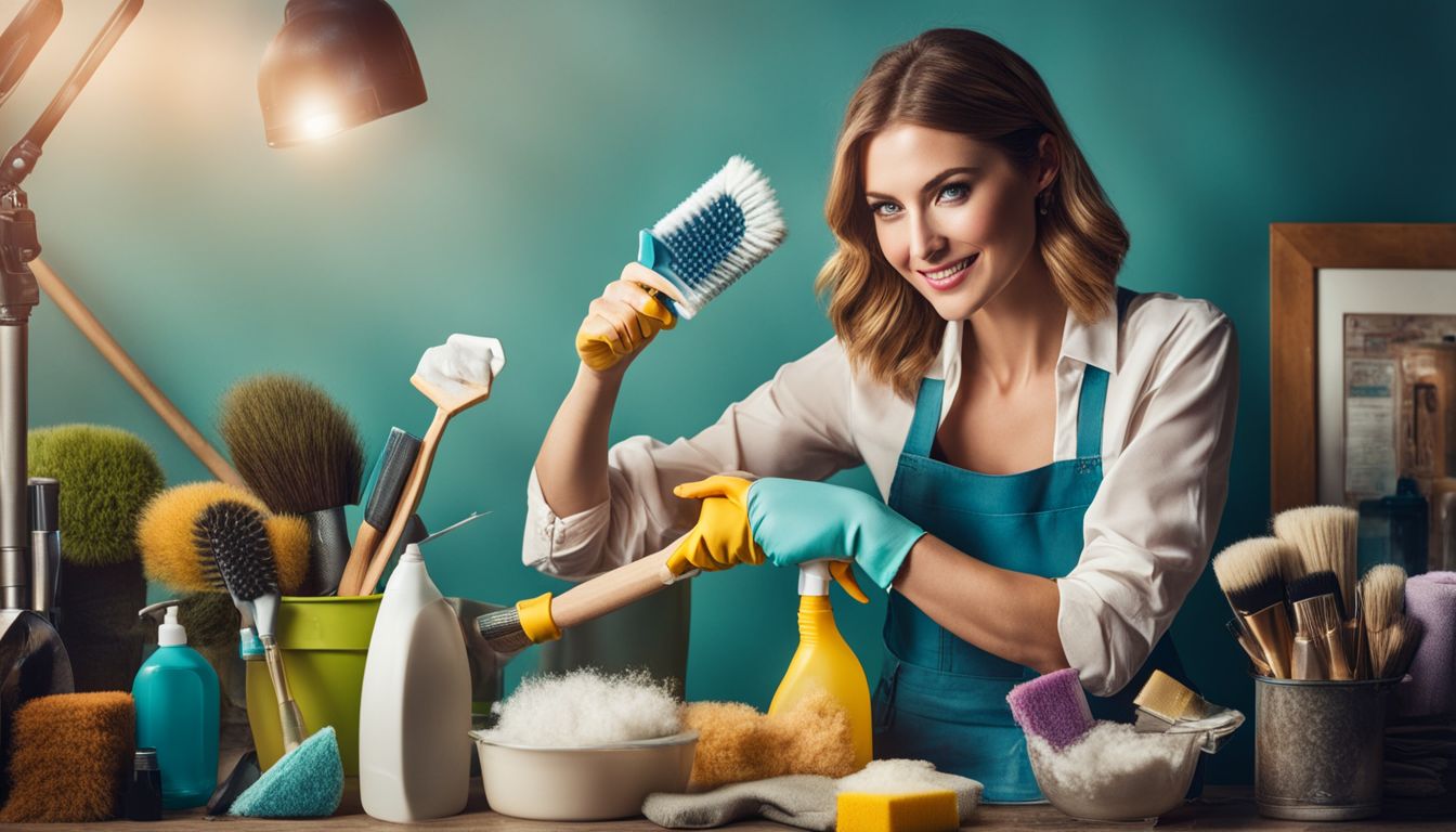 A woman surrounded by cleaning supplies poses with a cleaning brush.