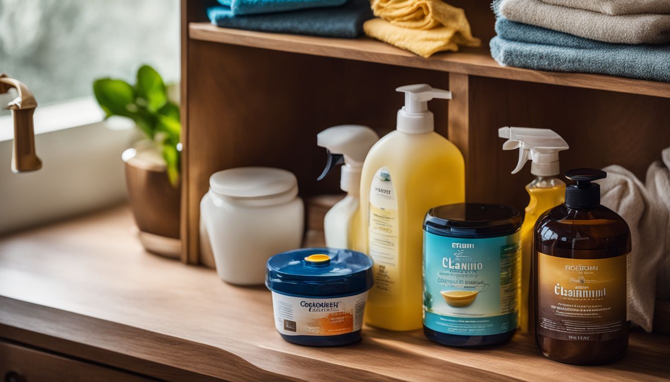 A well-stocked cabinet of cleaning products with a microfiber cloth.