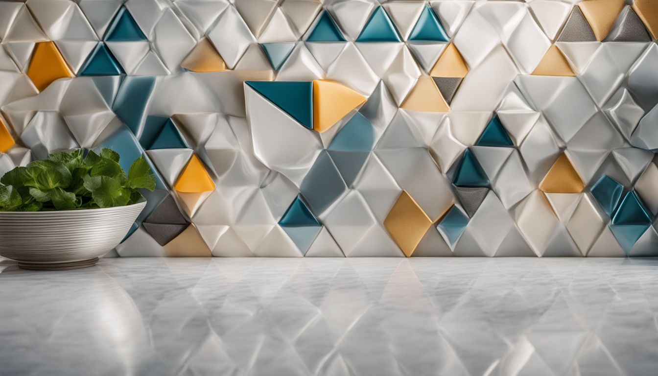 A photo of a modern kitchen backsplash with geometric shapes.